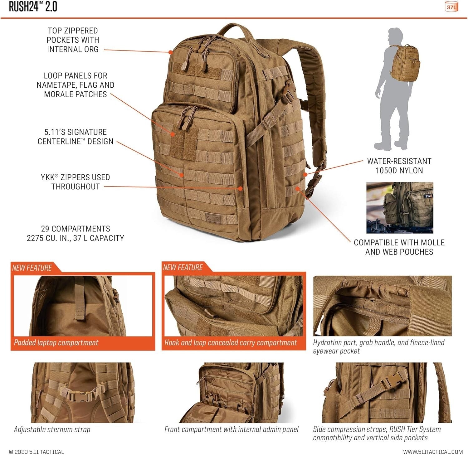 Water-Resistant Tactical Backpack - 37L Rush 24 2.0 for Outdoor Adventures