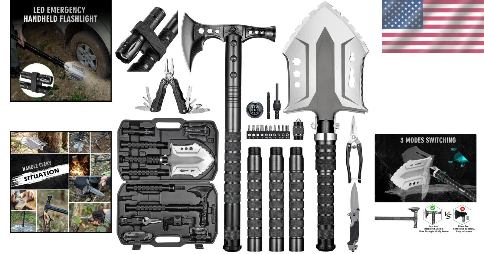 Durable High Carbon Steel Folding Survival Shovel & Axe Combo - Lightweight Gear