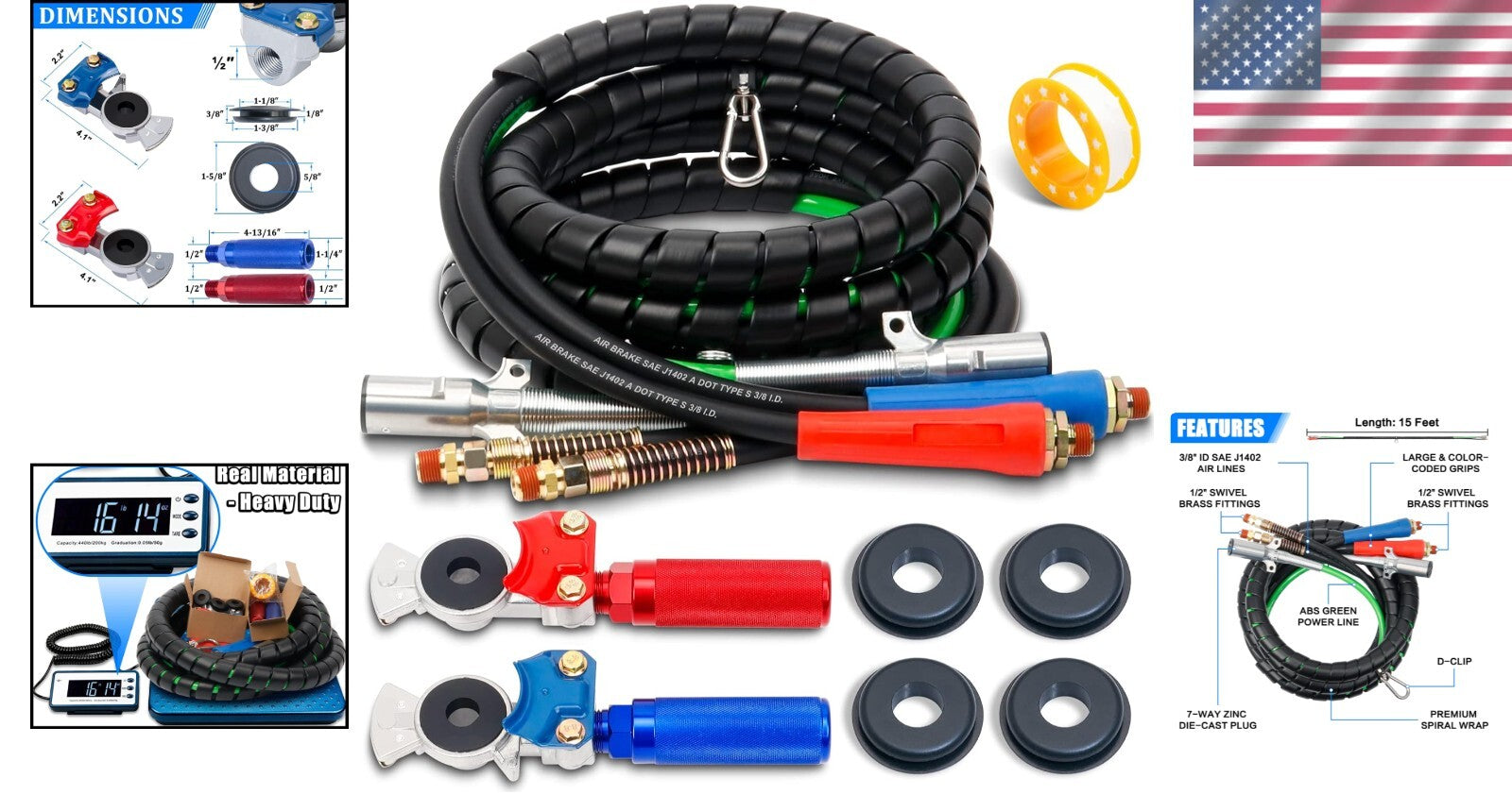 15ft 3-in-1 Air Line Hose with Glad Hands for Tractor Trailers - 125PSI