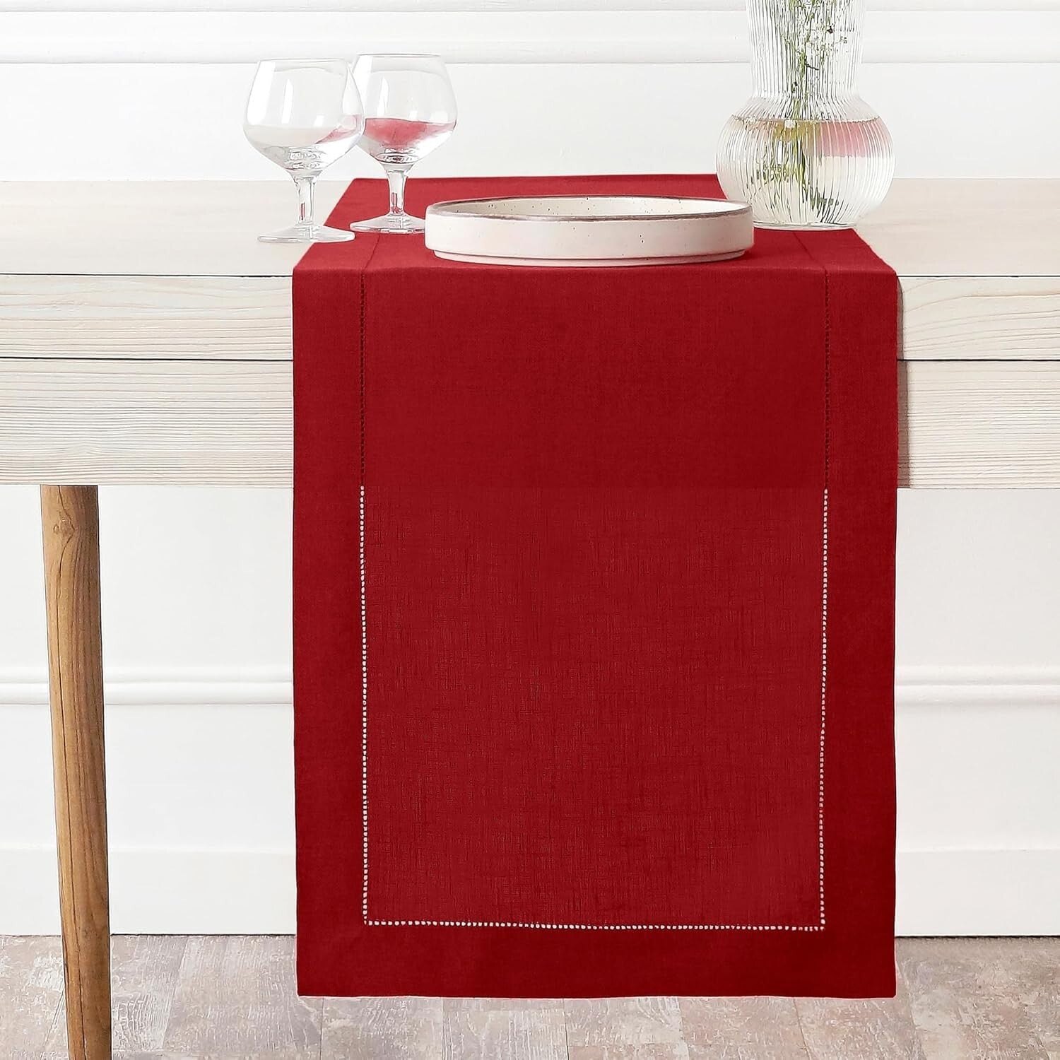 14x120 Inch Luxe Red Linen Table Runner - Classic Hemstitch, Perfect for Easter