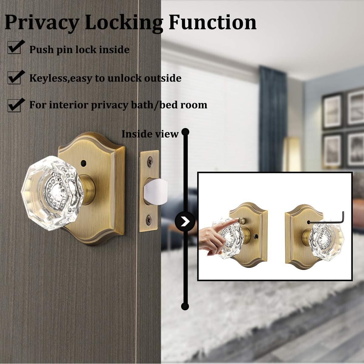 2-Pack Crystal Privacy Door Lock Sets - Antique Brass Knob with Push Button Lock