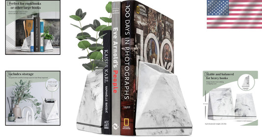 Versatile Non-Slip Bookends in White Marble - Perfect for Kitchen & Office Use