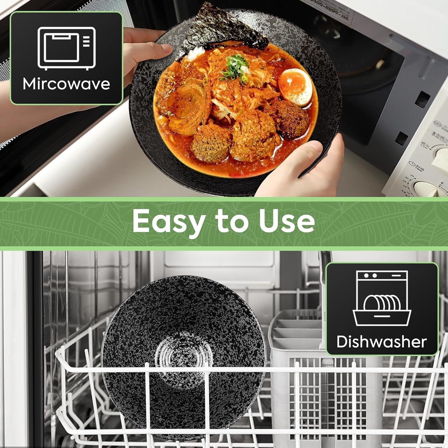 Authentic Japanese Ramen Bowl Set of 2 - 60 oz Ceramic with Spoons & Chopsticks