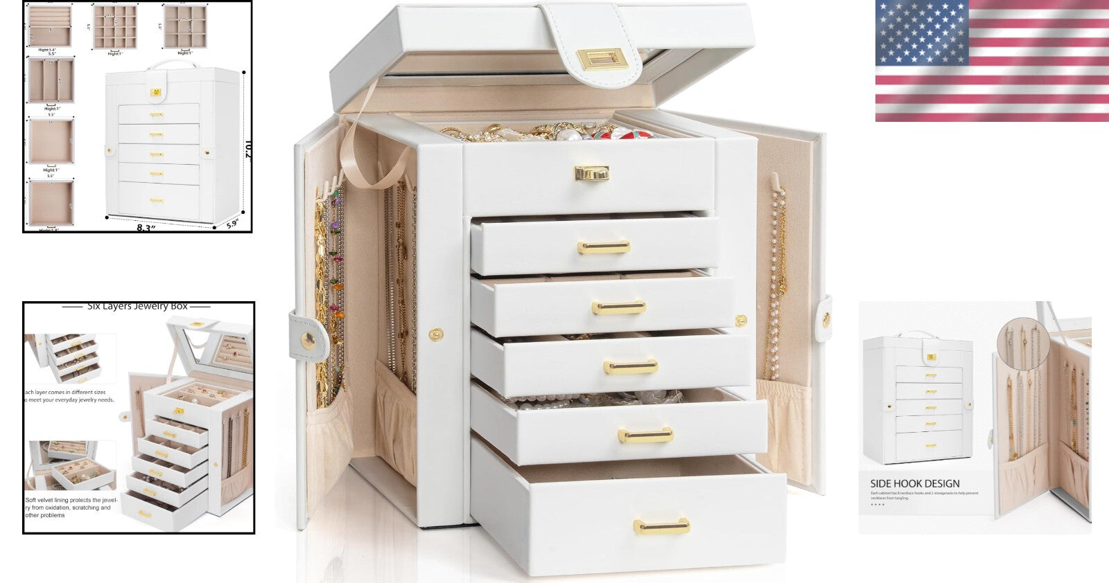 Portable 6-Layer Leather Jewelry Organizer with 5 Drawers and Mirror for Women