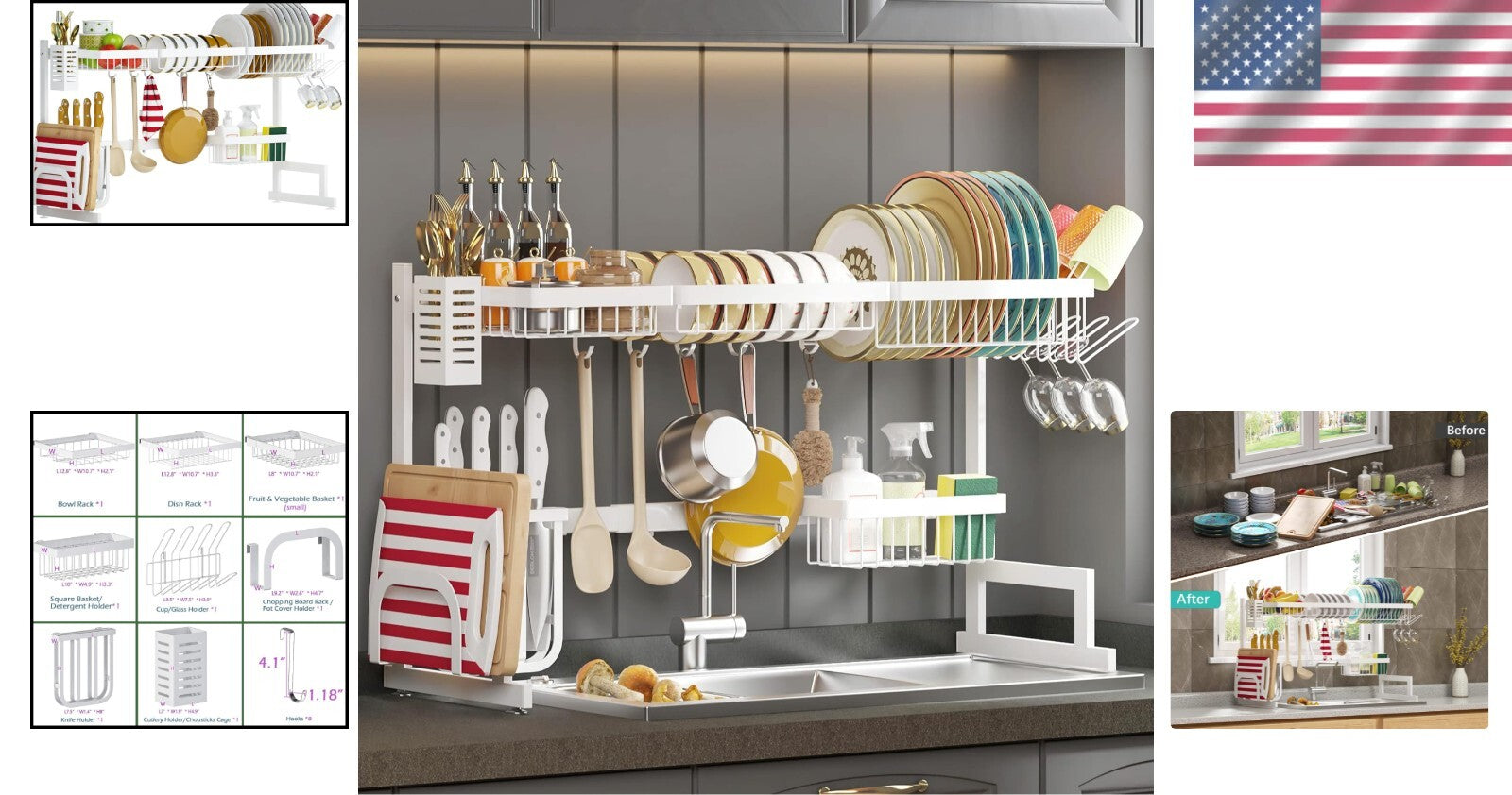 Adjustable Over Sink Dish Drying Rack - Stainless Steel 2-Tier Kitchen Organizer