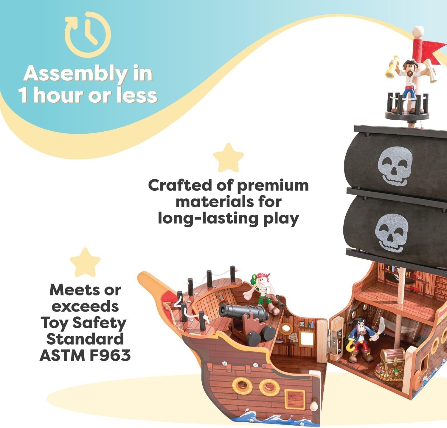 3-Level Wooden Pirate Ship Play Set with Realistic Lights & Sounds for Kids