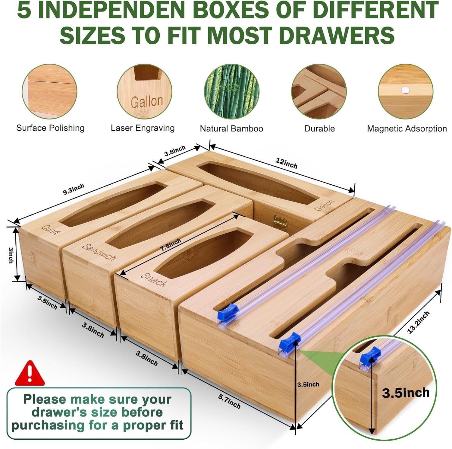 Elegant 5-In-1 Kitchen Drawer Organizer with Bamboo and Plastic Wrap Holder