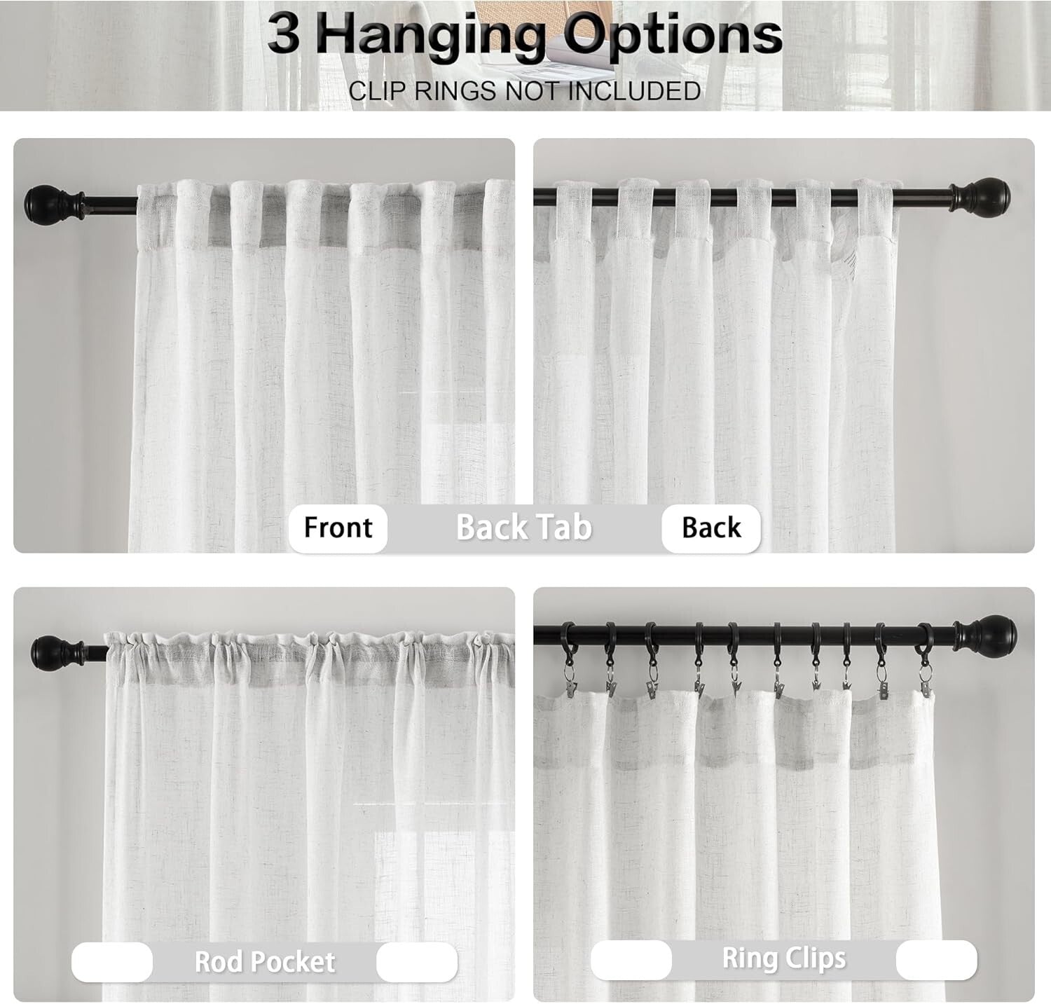 Chic 84"x96" White Linen Sheer Back Tab Curtains - Perfect for Living Room Decor