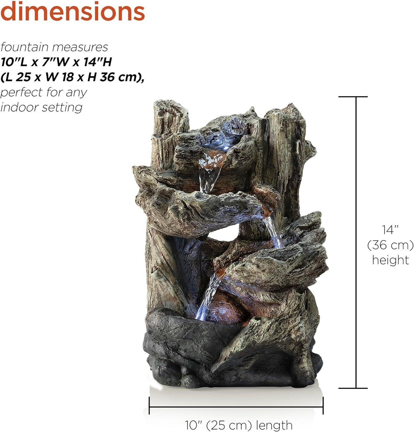 Compact 14" Tall Log Fountain with Cascading Water & LED for Indoor Serenity
