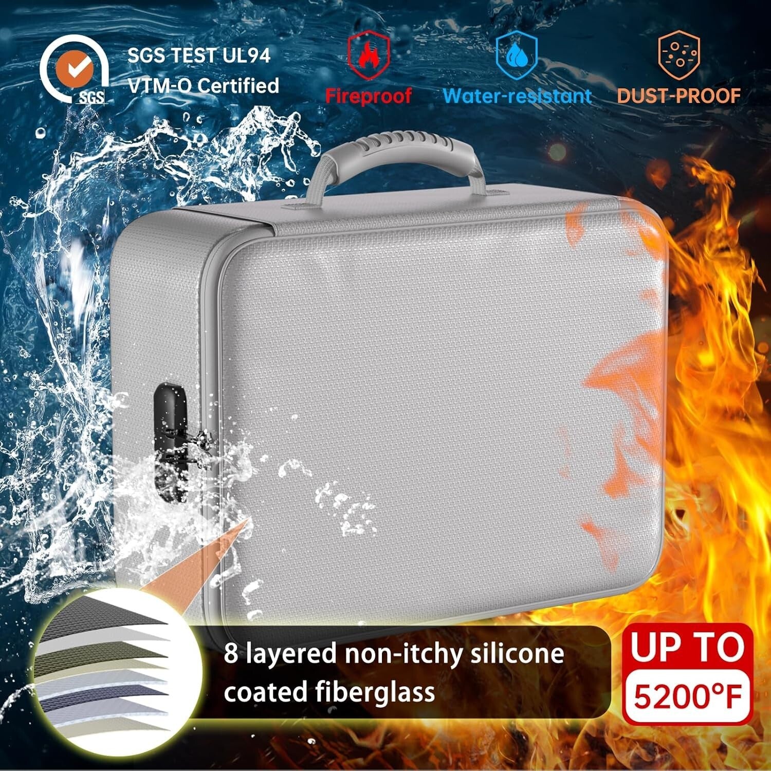 5200°F Fireproof Document Organizer with Lock - Waterproof Travel Safe Storage