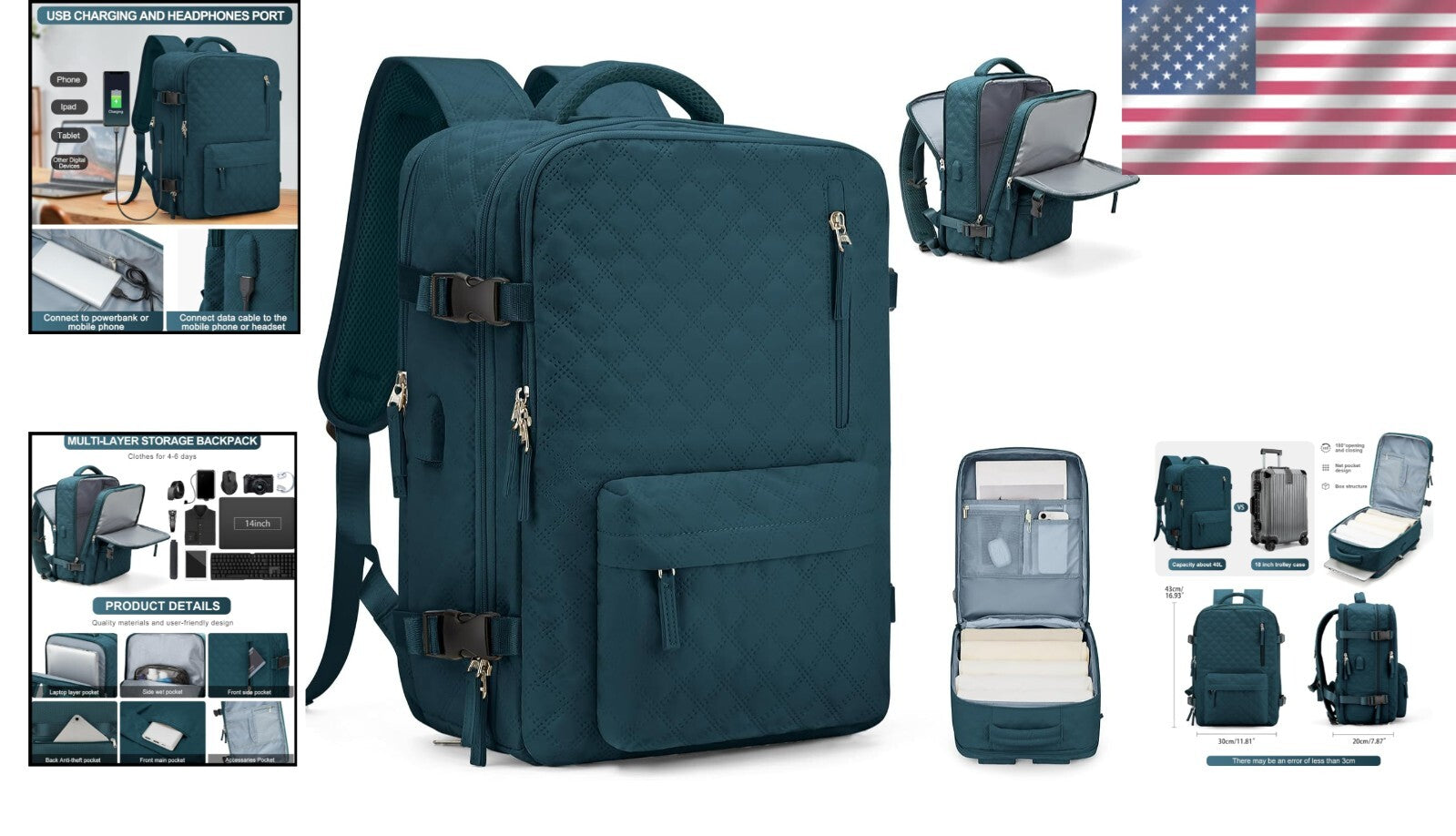 Multi-Compartment Peacock Blue Travel Backpack for Laptop and Gym Essentials