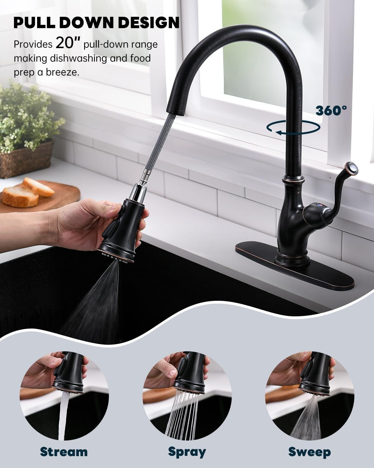 Elegant Oil Rubbed Bronze Kitchen Faucet with Pull-Down Sprayer & Soap Dispenser