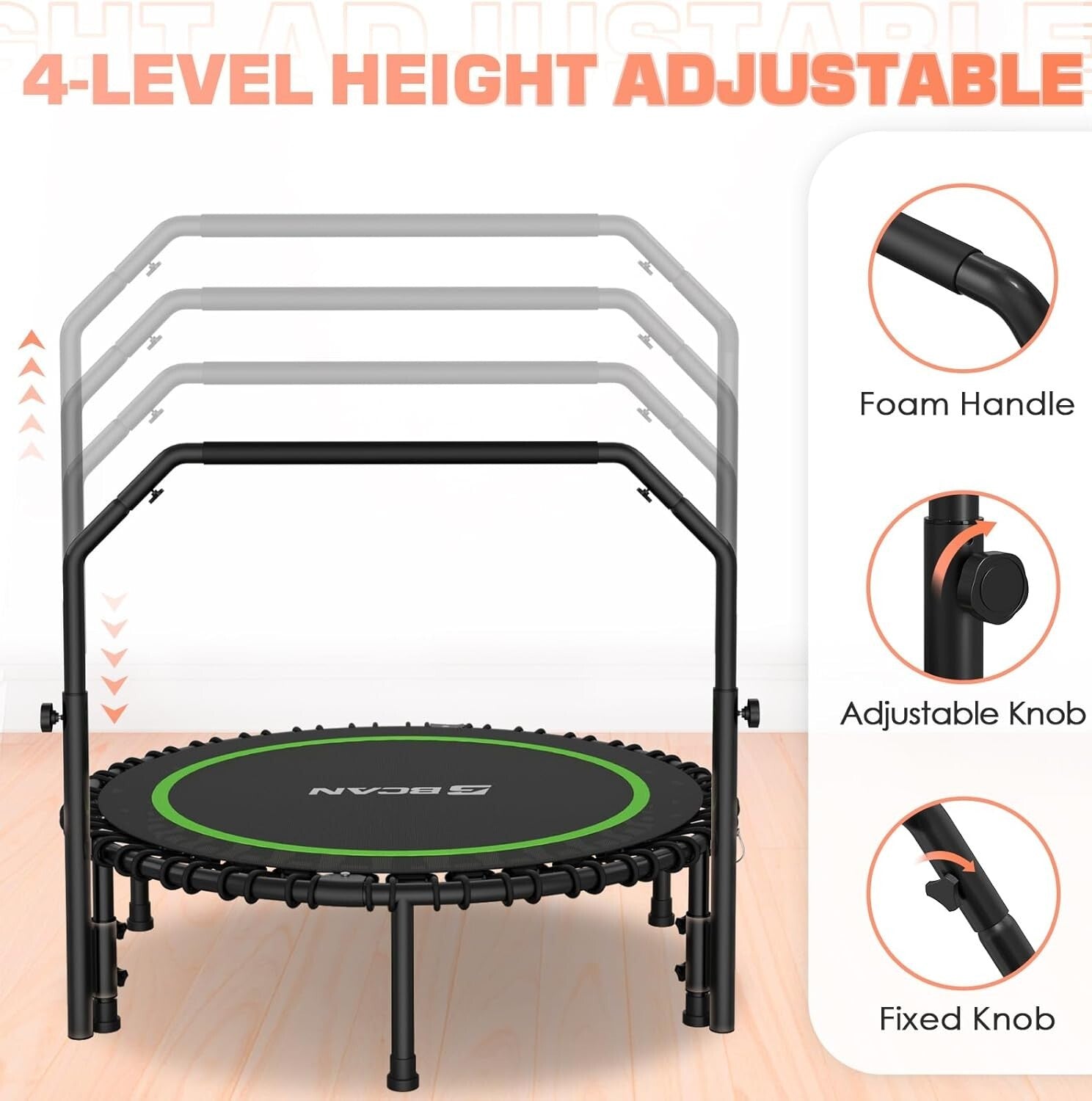 Foldable 450 LBS Fitness Trampoline with Adjustable Handle - Indoor/Outdoor Use