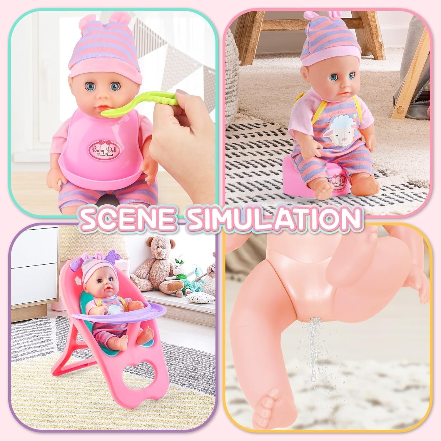 Safe 12” Baby Doll Toy Set with Crib, High Chair & Accessories for Pretend Play
