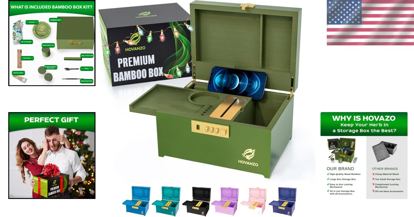 5-Compartment Locking Bamboo Box - Reinforced Storage with Customizable Tray