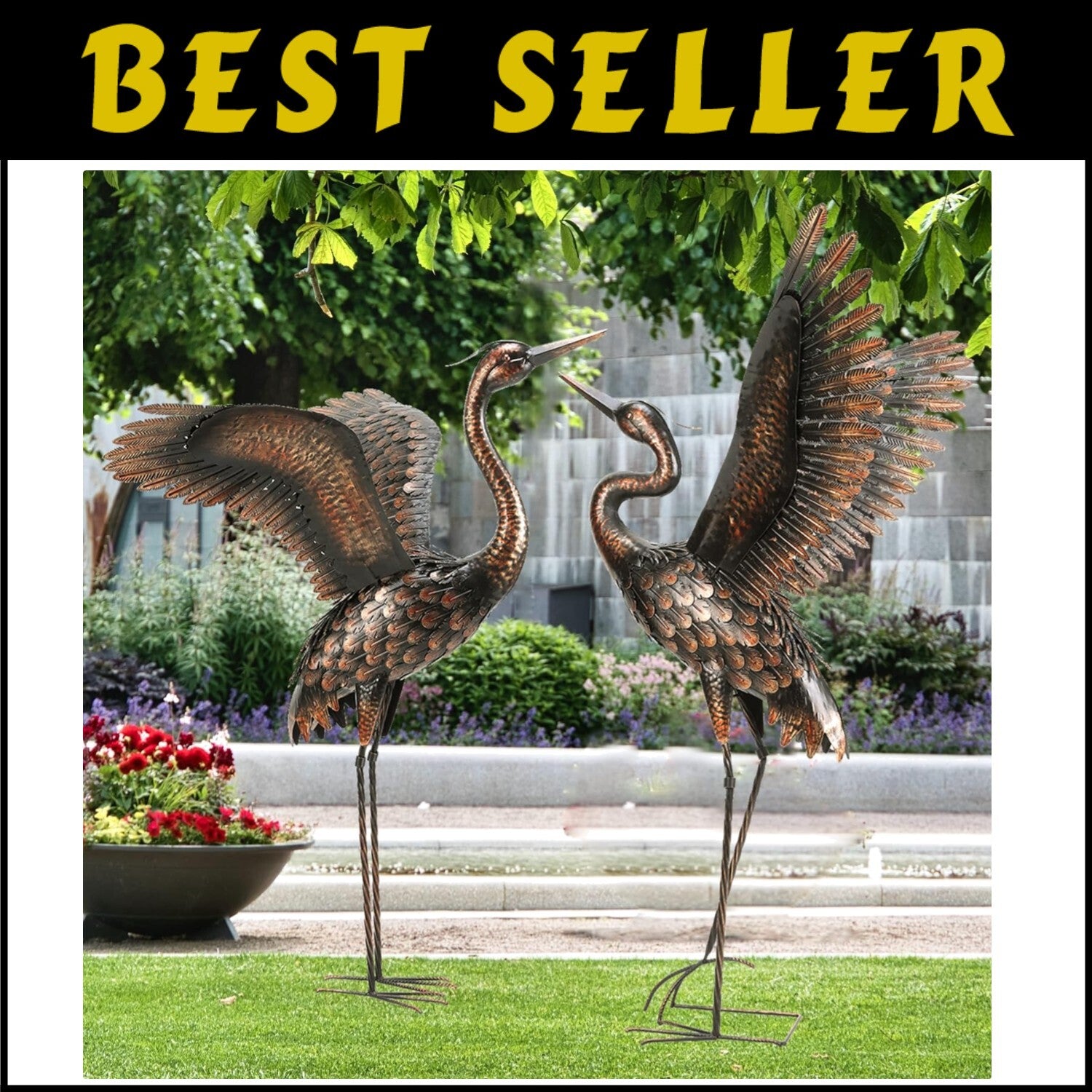 Freestanding Metal Crane Statues - Realistic Garden Art for Outdoor Elegance