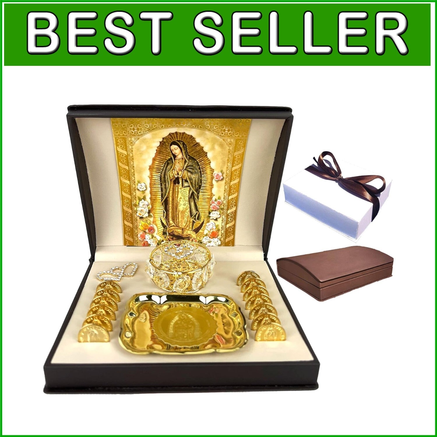 Gold Catholic Wedding Arras Set with Virgen de Guadalupe in Deluxe Gift Box