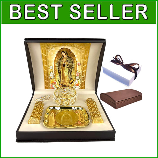 Gold Catholic Wedding Arras Set with Virgen de Guadalupe in Deluxe Gift Box
