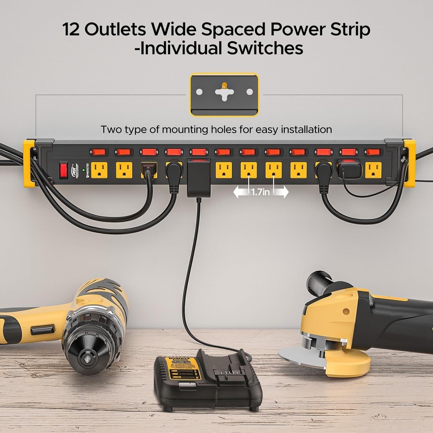 Durable 9FT Metal Power Strip with 12 Outlets & Individually Controlled Switches