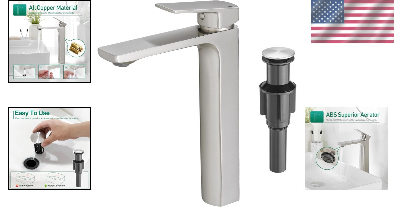 Tall Single Handle Brass Bathroom Faucet with Pop-Up Drain – Modern & Efficient
