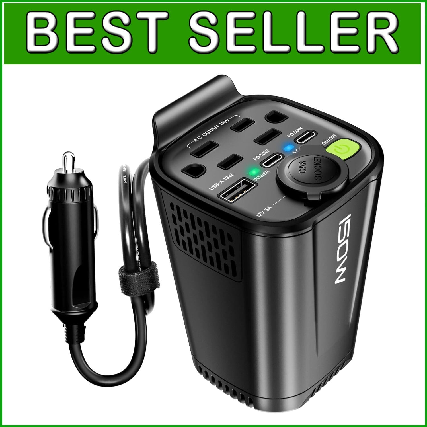 150W Car Power Inverter with Dual AC Outlets and USB Ports - Cup Holder Design