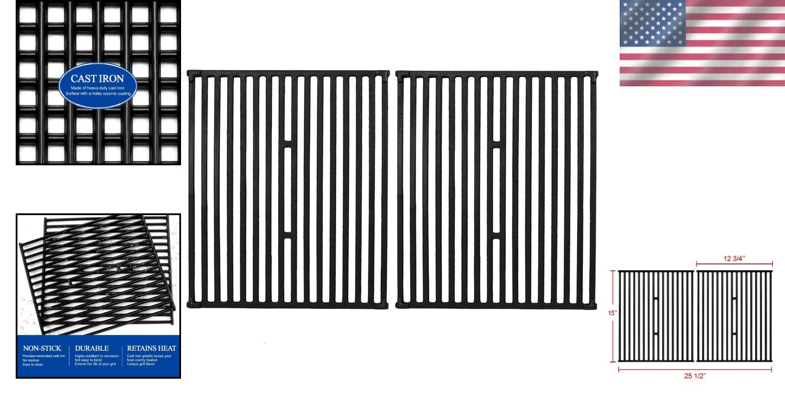 Broil King-Compatible 15" Cast Iron Grill Grates – 2 PCS for Superior Cooking