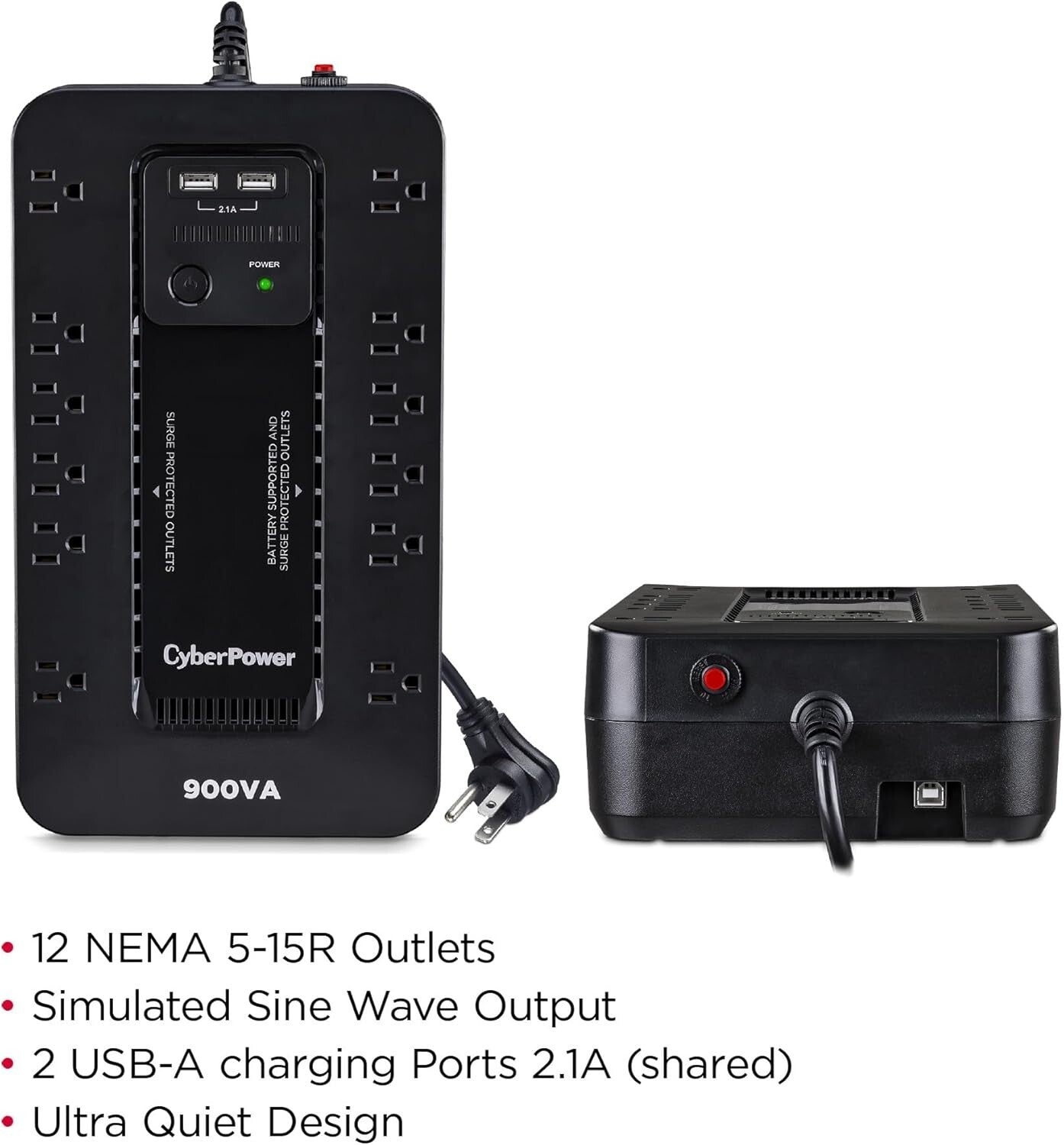 900VA/500W Uninterruptible Power Supply with USB Charging - Space-Saving Design