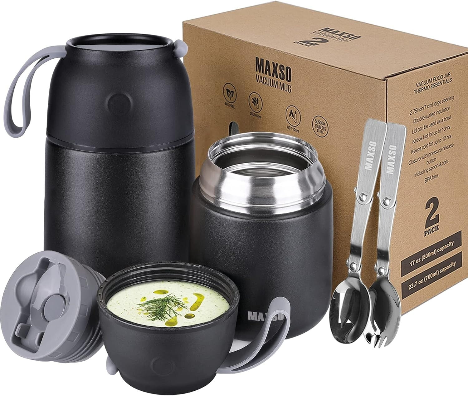 2-Pack Vacuum Insulated Food Jars - Black Thermal Lunch Containers for Travel