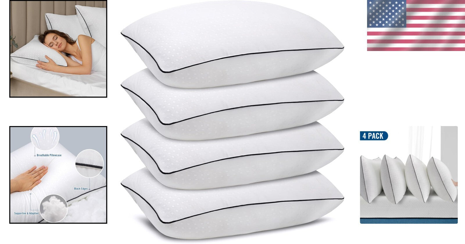 4-Pack Standard Size Machine Washable Bed Pillows for All Sleep Positions