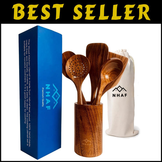 Ergonomic Teak Cooking Utensils Set - Durable Kitchen Essentials with Gift Bag