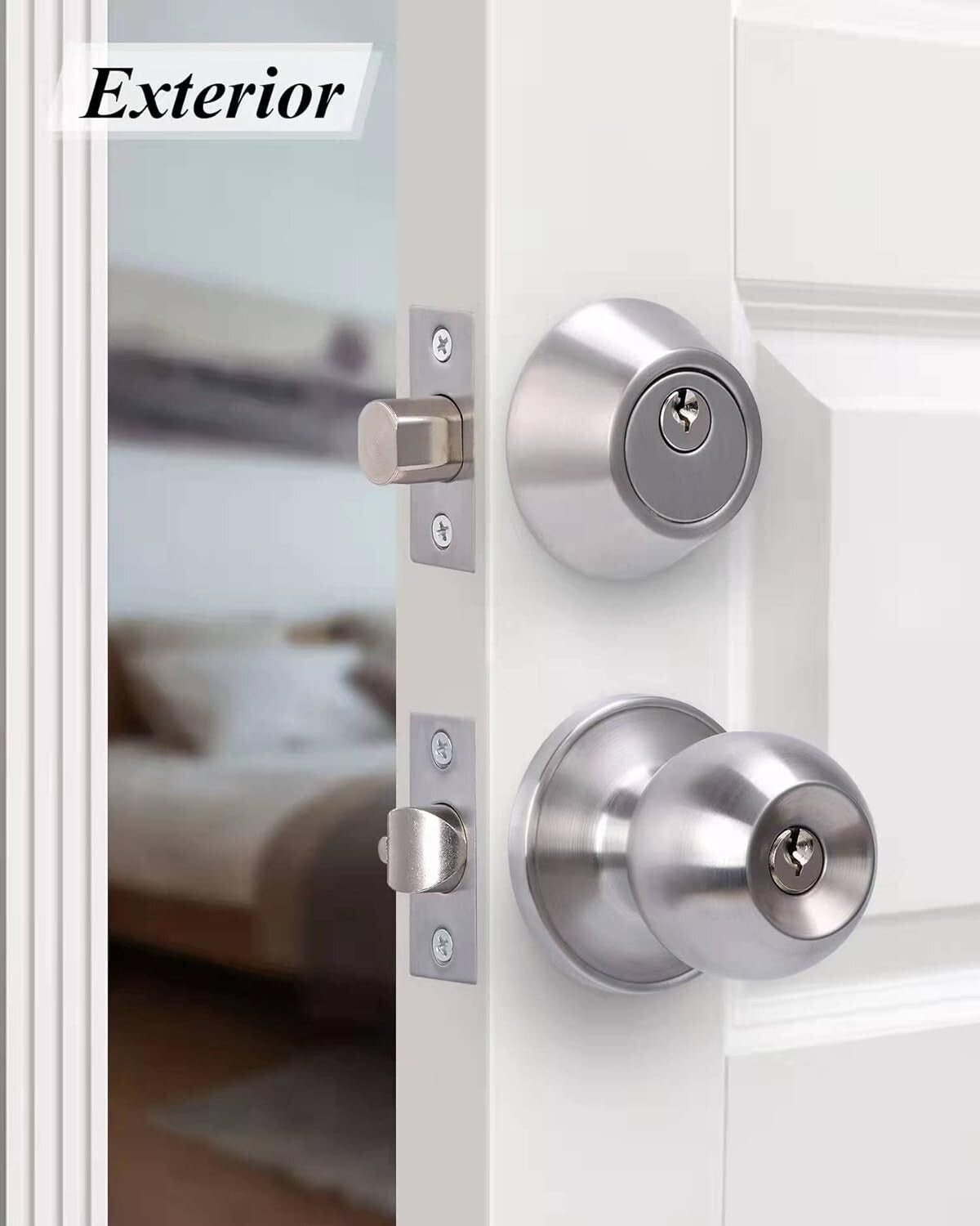 Durable Satin Nickel Door Knob Set with Deadbolt - 4 Same Keyed Security