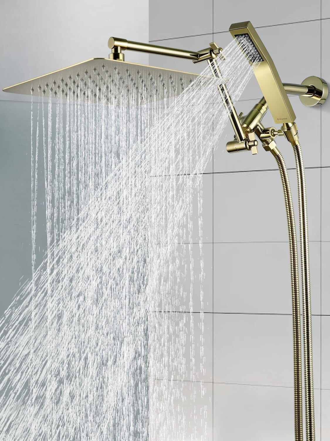 3-Setting Polished Brass Rainfall Shower & Handheld Spray with Extension Arm