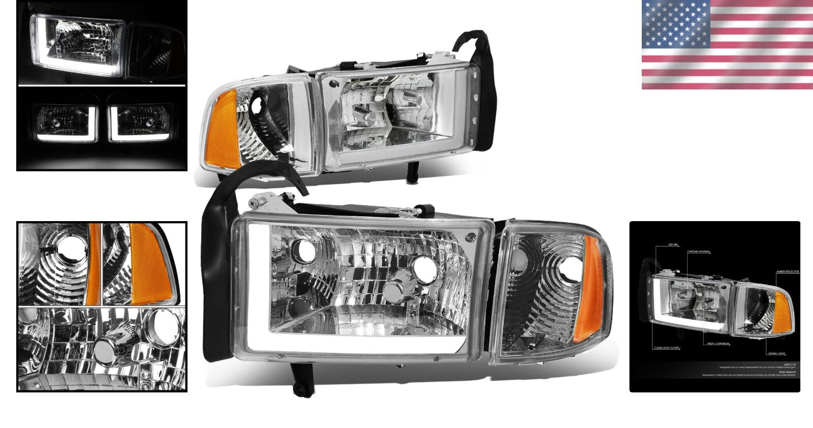 Clear Lens Chrome Amber LED Headlights - Perfect for 94-01 Ram 1500 & 2500