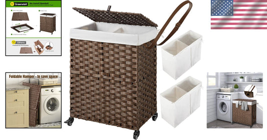 90L Handwoven Laundry Hamper with Wheels - Stylish Dual Compartment Design