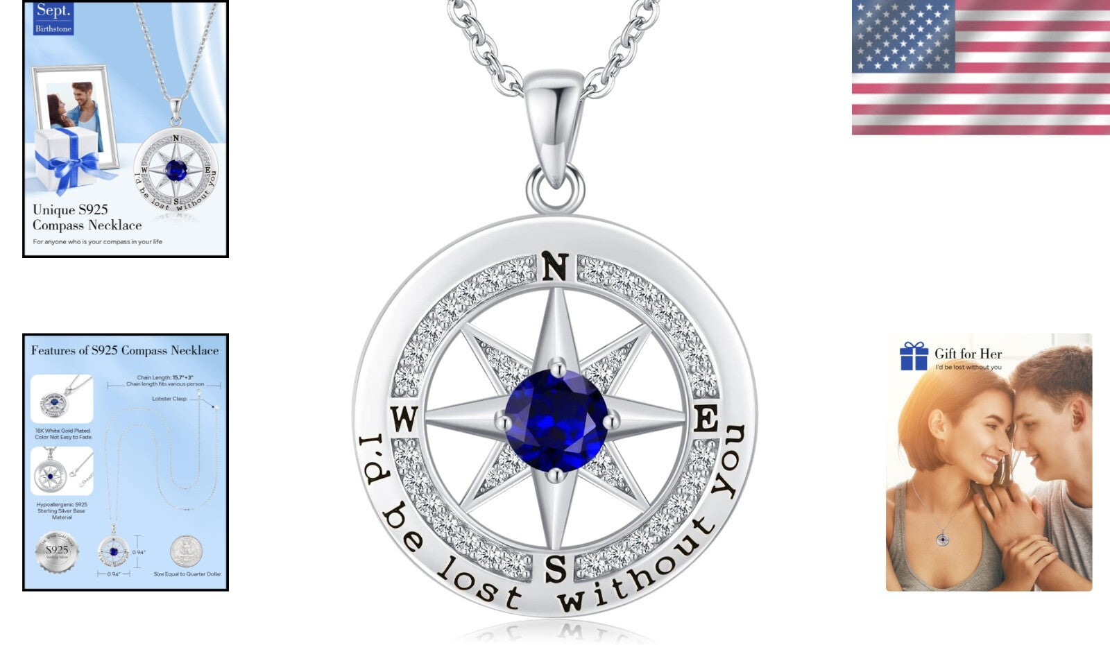 Sterling Silver Compass Necklace with Cubic Zirconia - Perfect Gift for Her