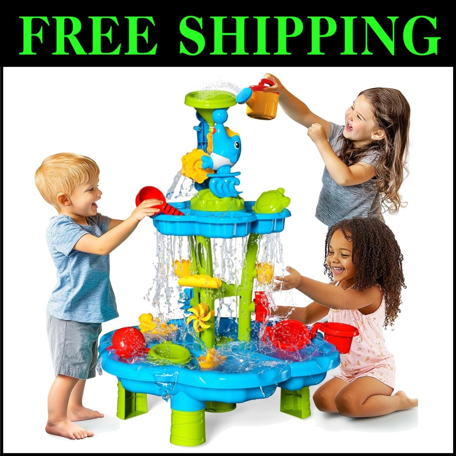 Versatile Water Table for Toddlers | 2-Tier Fountain with Building Parts & Toys