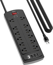 Load image into Gallery viewer, 12-Outlet Surge Protector Power Strip with 4 USB Ports &amp; Flame Retardant Housing