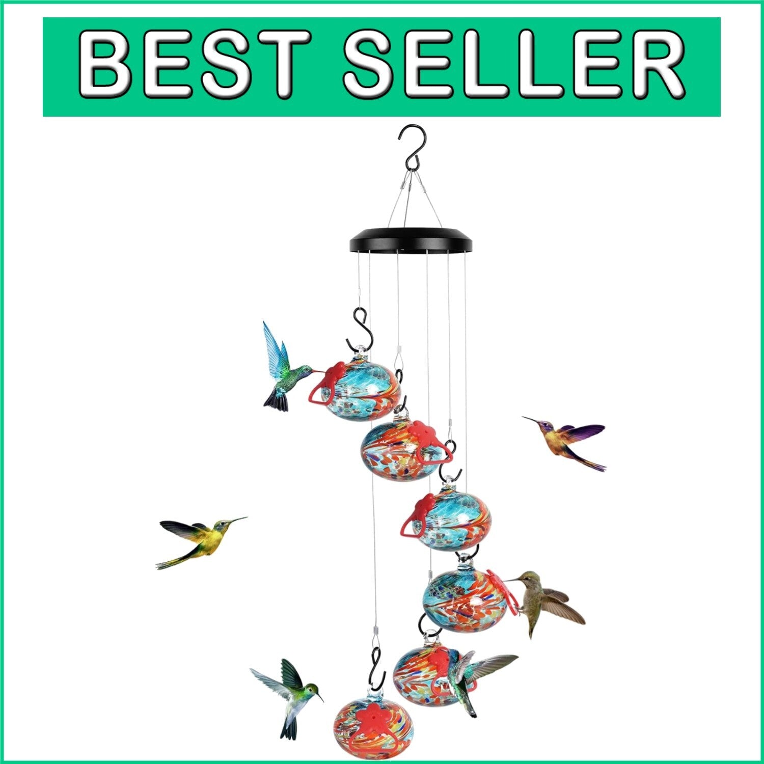 Elegant Adjustable Hummingbird Feeder with Mesmerizing Wind Chimes, Blue Glass