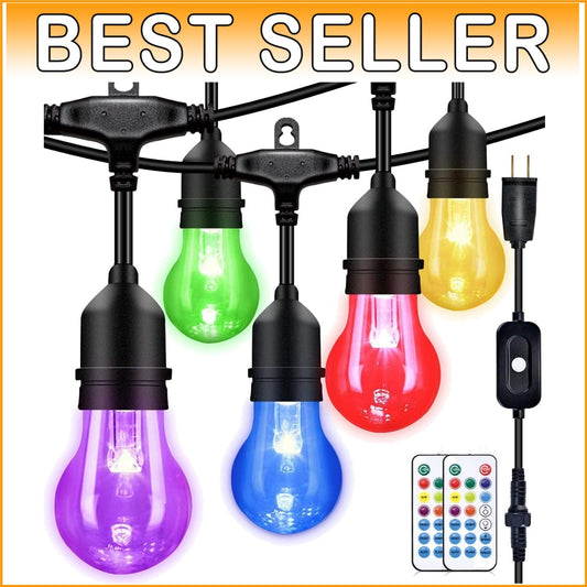 48FT RGB LED Outdoor String Lights with Remote - 16 Shatterproof Edison Bulbs