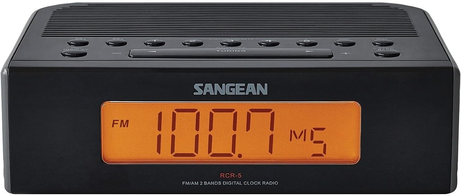 Sleek Black RCR-5 AM/FM Clock Radio with Advanced Timer Functions & Aux Input