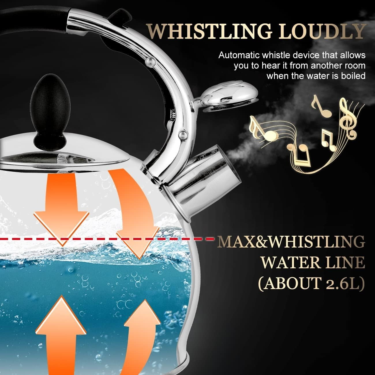 Elegant 2.64 Qt Whistling Stove Top Kettle with Anti-Scald Mitt for Safe Pouring