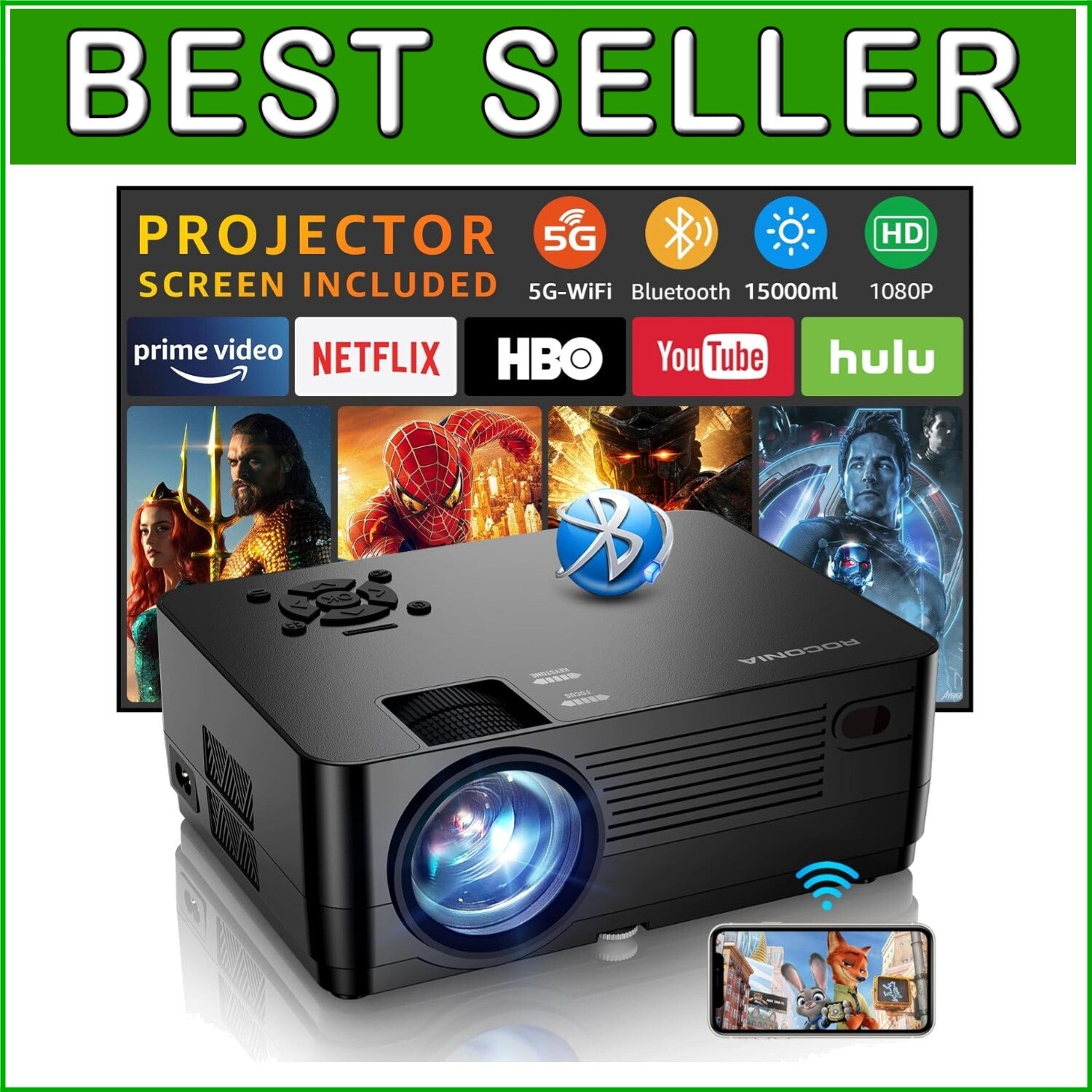 Full HD Projector with 5G WiFi & 100" Screen - Perfect for Home Theater & Gaming