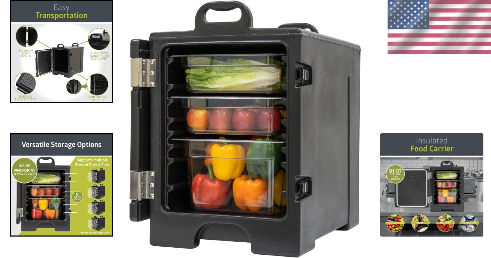 Insulated 81 Quart Food Pan Carrier – Durable, Black Catering Transport Solution
