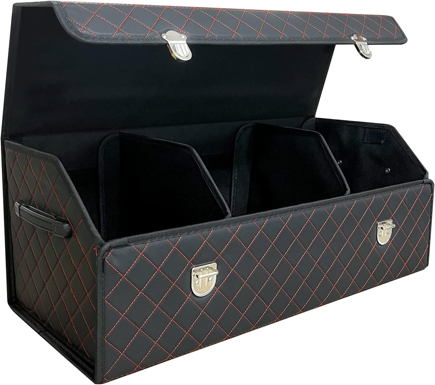 Elegant Foldable Black Red Grid Car Storage Box - Keeps Your Trunk Organized