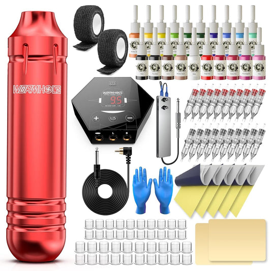 Beginner's 105-Piece Tattoo Gun Kit with 20 Color Inks - Red Ergonomic Design