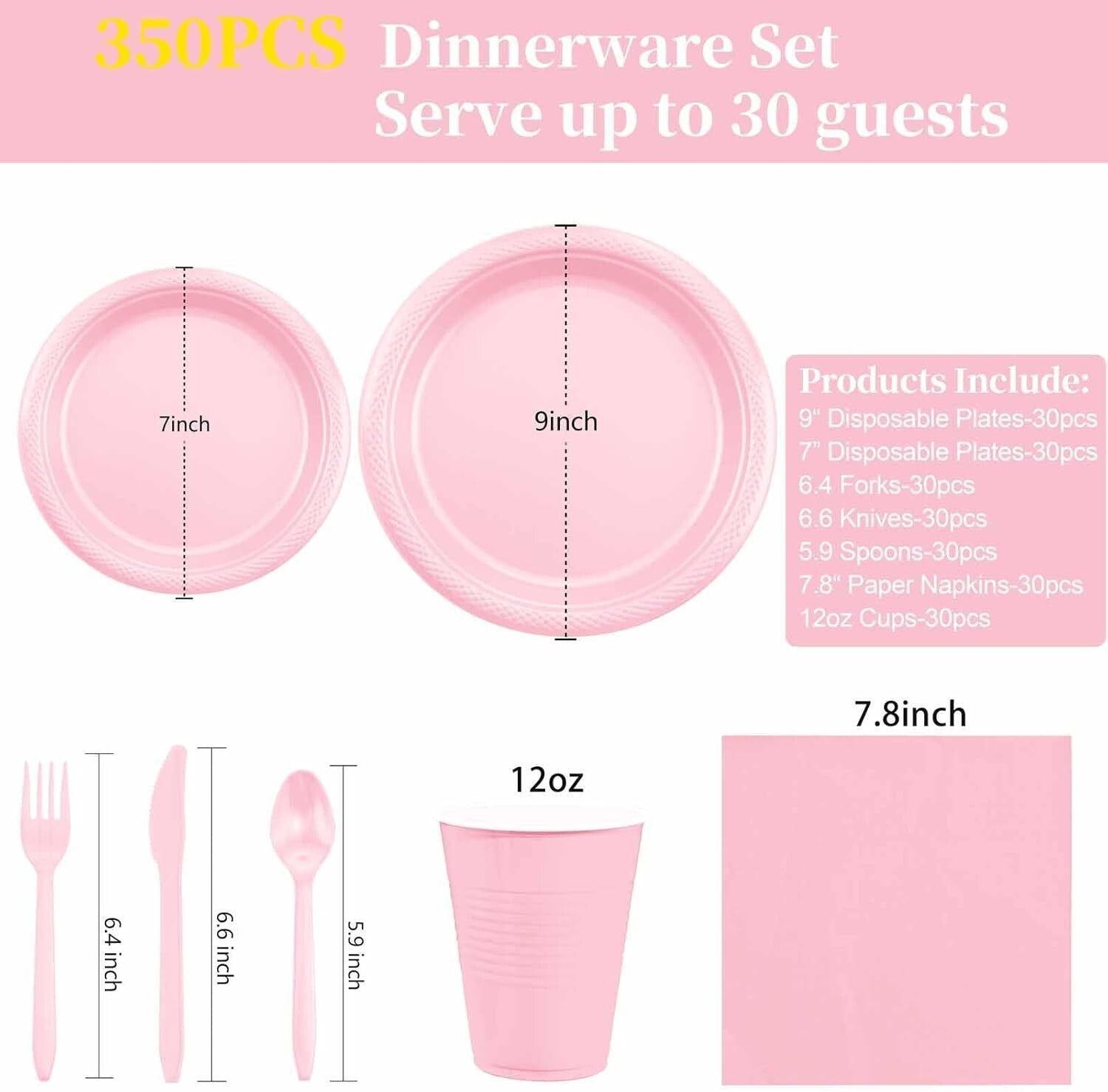 MirthMood 350-Piece Pink Party Set - Plates, Cups & Cutlery for 50 Guests