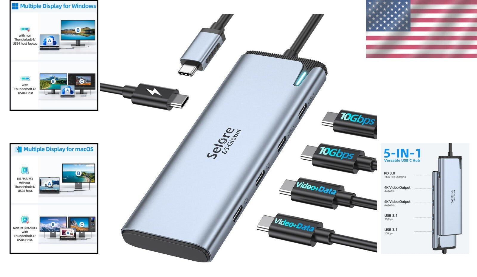 Dual 4K USB C Hub with 10Gbps Data Transfer & 100W PD Charging - 5-in-1 Adapter