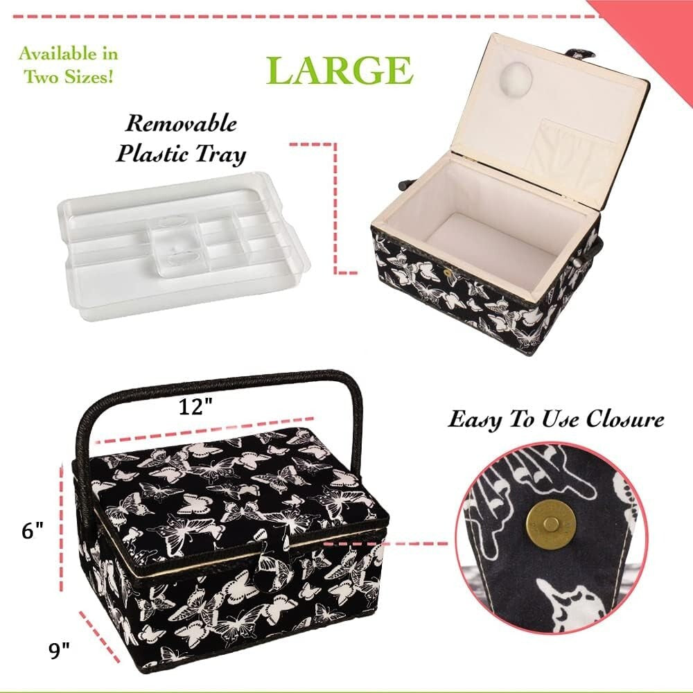 Elegant Floral Print Sewing Basket with Removable Tray and Built-in Pin Cushion
