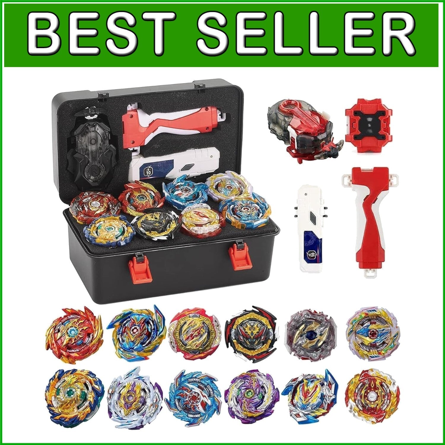 12 Spinning Tops Bey Battle Burst Set with Portable Box & Two-Way Launchers