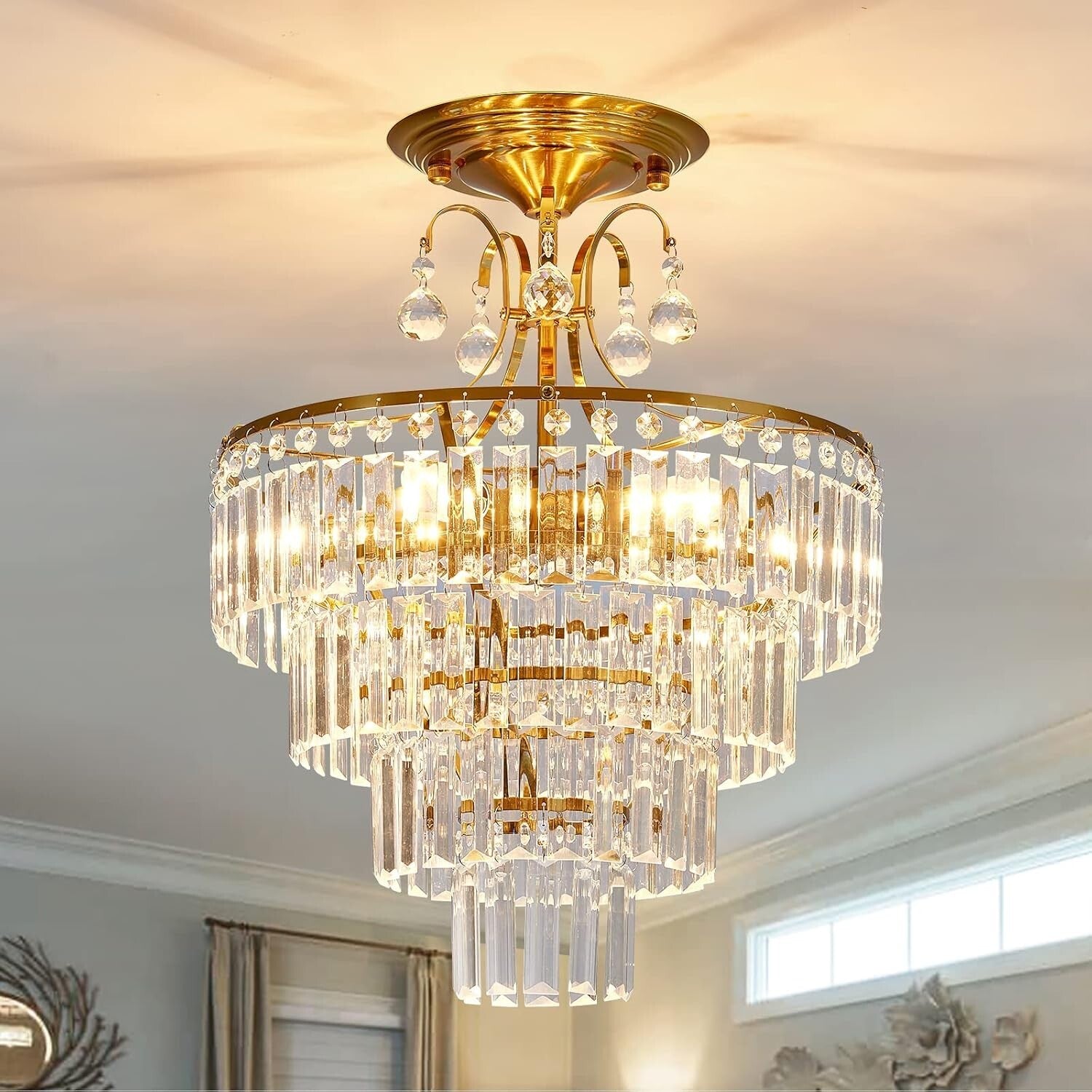 Chic Crystal Gold Semi Flush Mount Chandelier - Ideal for Living & Dining Rooms